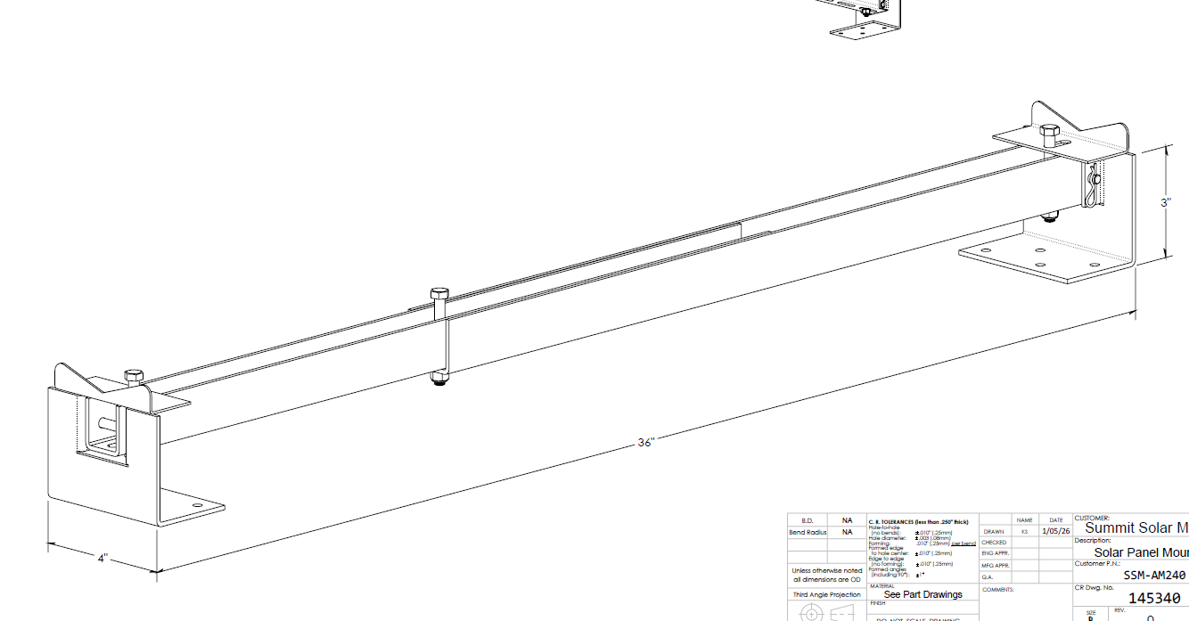 Technical drawing of adjustable solar panel mount